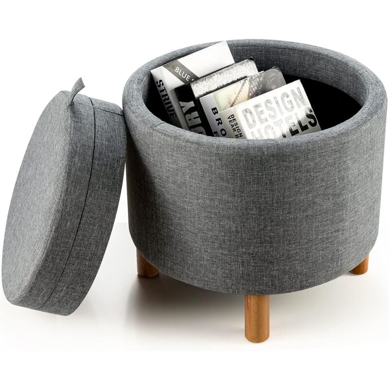 Pouf Rangement Rond, Pouf Coffre avec Plateau, Repose-Pied Salon, Tissu pe, Pieds en Bois, Patins Antidérapants, Tabouret Rangement Rembourré pour