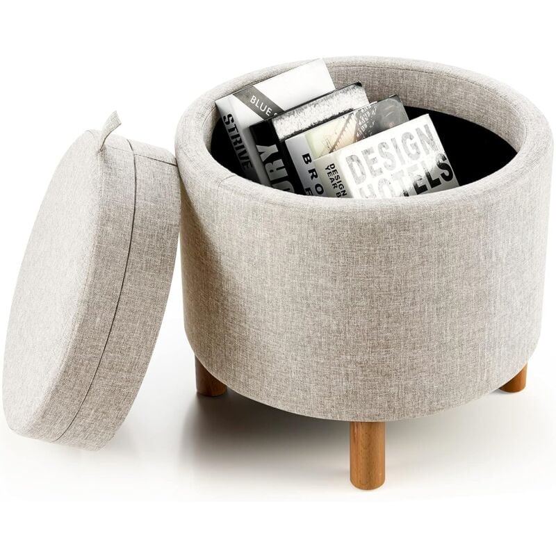 Pouf Rangement Rond, Pouf Coffre avec Plateau, Repose-Pied Salon, Tissu pe, Pieds en Bois, Patins Antidérapants, Tabouret Rangement Rembourré pour