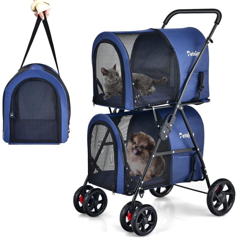 Costway - Poussette Buggy Pliable Chien Double Cage Détachable 4 Roues Avant Universelles avec Porte Bidirectionnel en Tissu Oxford