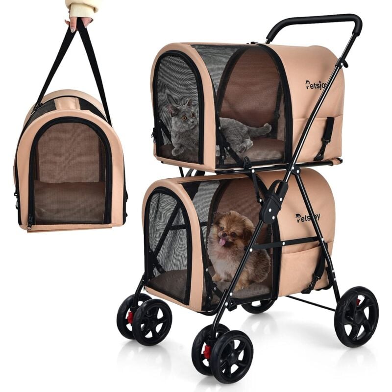 Costway - Poussette pour Chien Chat Animaux, 2 Cages Détachables avec Porte Avant et Arrière, Roues Avant Pivotant Universelles, Poussette de Voyage