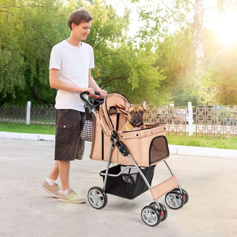 Poussette pour Animaux Pliante 4 Roues avec Fenêtres en Filet, Porte-gobelet et Panier de Rangement pour Chat et Chien imperméable Beige - Costway