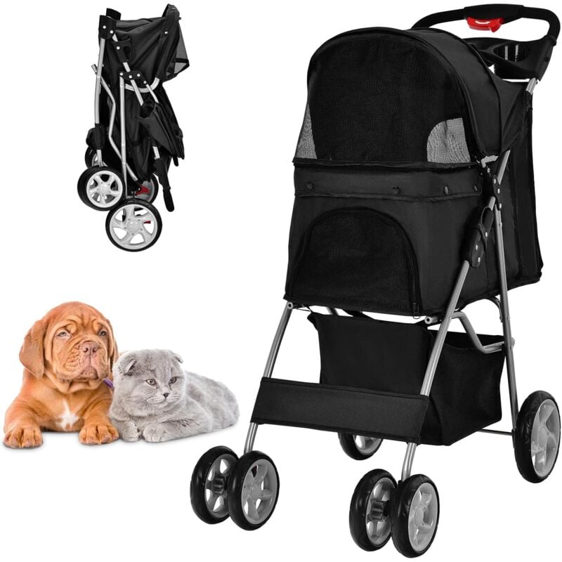 Poussette pour Animaux Pliante 4 Roues avec Fenêtres en Filet, Porte-gobelet et Panier de Rangement pour Chat et Chien imperméable Noir - Costway