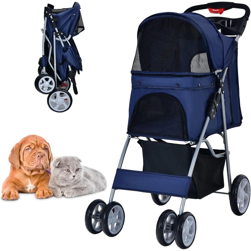COSTWAY Poussette pour Animaux Pliante 4 Roues avec Fenêtres en Filet, Porte-gobelet et Panier de Rangement pour Chat et Chien imperméable Bleu