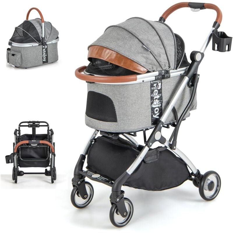 Costway - Poussette pour Chien 3 en 1, Poussette Buggy Pliable pour Chien Chat, avec Housse Etanche, Panier de Rangement et Poignée Télescopique,