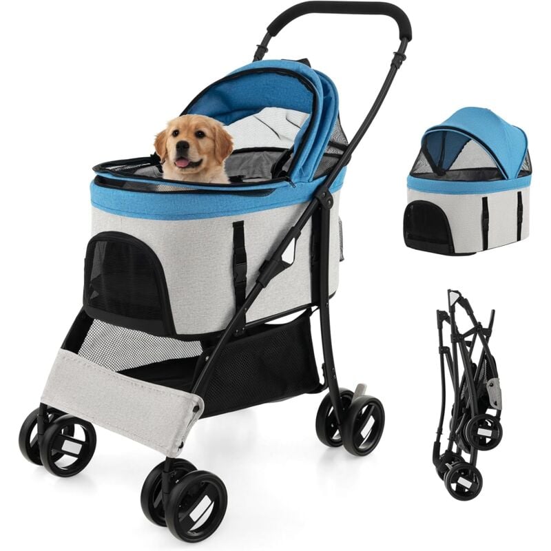 Poussette pour Chien Pliable 3 en 1 avec Panier de Rangement Amovible, Poussette Buggy Pliante pour Chien Chat avec Auvent Réglable à 4 Niveaux et