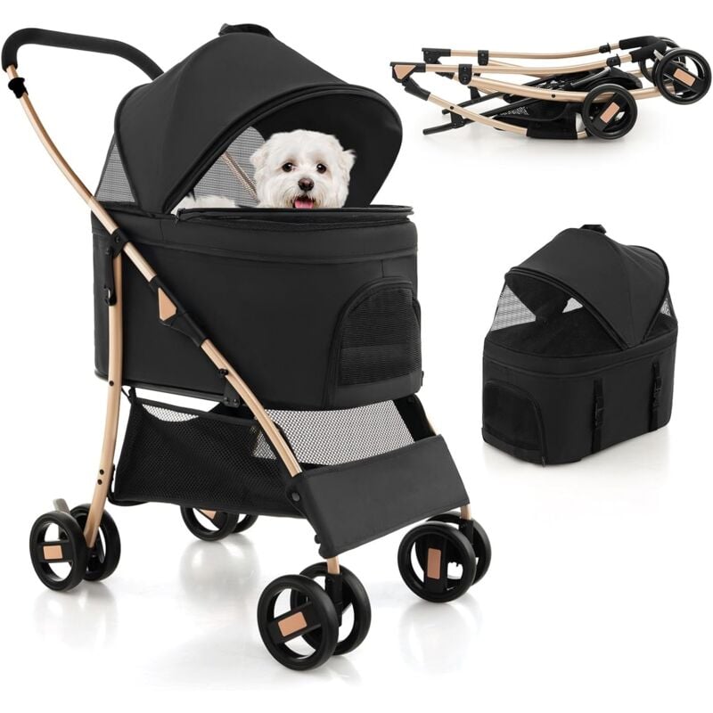 Costway - Poussette pour Chien Pliable 3 en 1 avec Panier de Rangement Amovible, Poussette Buggy Pliante pour Chien Chat avec Auvent Réglable à 4