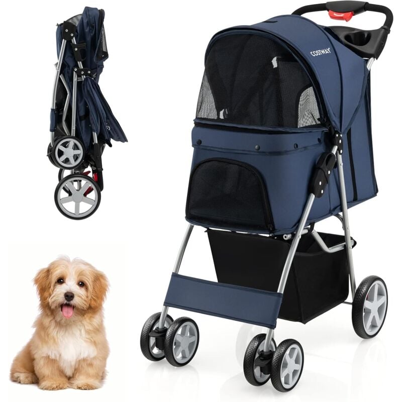 Poussette pour Chien Pliable à 4 Roues Charge 15KG, Chariot pour Chat Portable avec Panier de Rangement Fenêtre en Maille, pour Animaux de Compagnie
