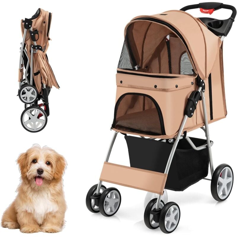 Poussette pour Chien Pliable à 4 Roues Charge 15KG, Chariot pour Chat Portable avec Panier de Rangement Fenêtre en Maille, pour Animaux de Compagnie