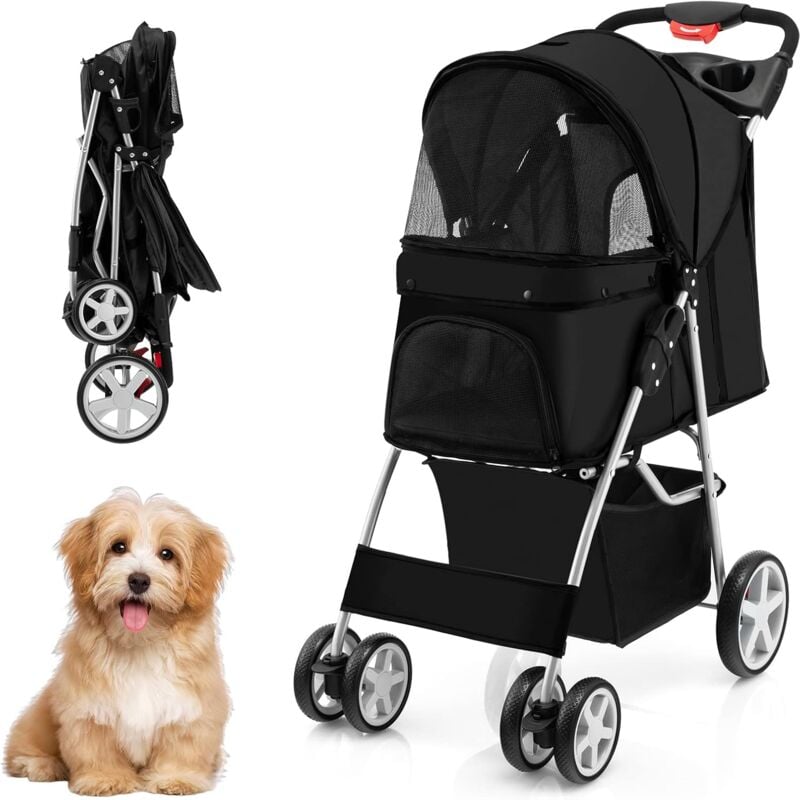 Poussette pour Chien Pliable à 4 Roues Charge 15KG, Chariot pour Chat Portable avec Panier de Rangement Fenêtre en Maille, pour Animaux de Compagnie