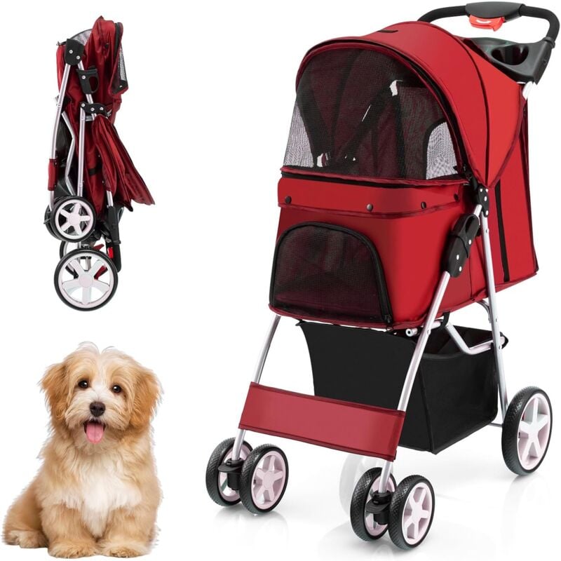 COSTWAY Poussette pour Chien Pliable à 4 Roues Charge 15KG, Chariot pour Chat Portable avec Panier de Rangement Fenêtre en Maille, pour Animaux de