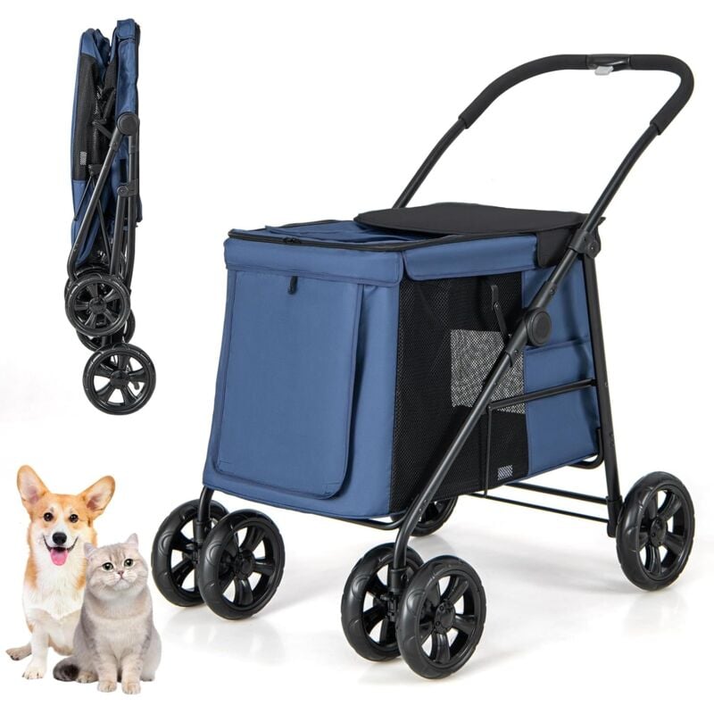Poussette pour Chien Pliante, Poussette Buggy pour Chien Chat avec Poche de Rangement et 2 Portes Zippées, Chariot de Voyage Portable à Roulettes