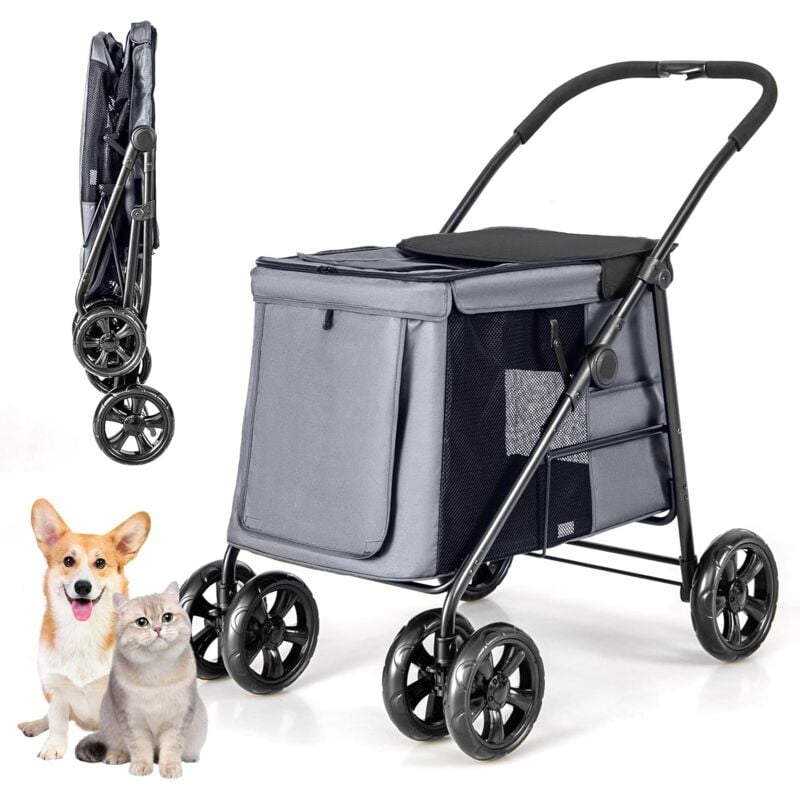 Costway - Poussette pour Chien Pliante, Poussette Buggy pour Chien Chat avec Poche de Rangement et 2 Portes Zippées, Chariot de Voyage Portable à