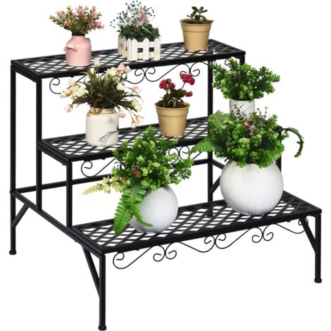 COSTWAY Présentoir pour Plantes 3 Niveaux en Métal avec Forme en Rectangle et Pieds Antidérapants 70 x 60 x 60,5cm Charge Max 45KG