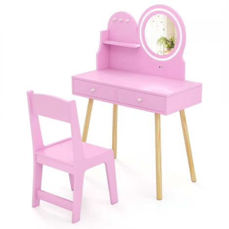 COSTWAY Princess Makeup Dressing Desk and Chair Set Kids Vanity Set-Pink