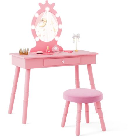 COSTWAY Princess Vanity Table & Chair Set Kids Vanity Set w/Lighted Mirror-Pink