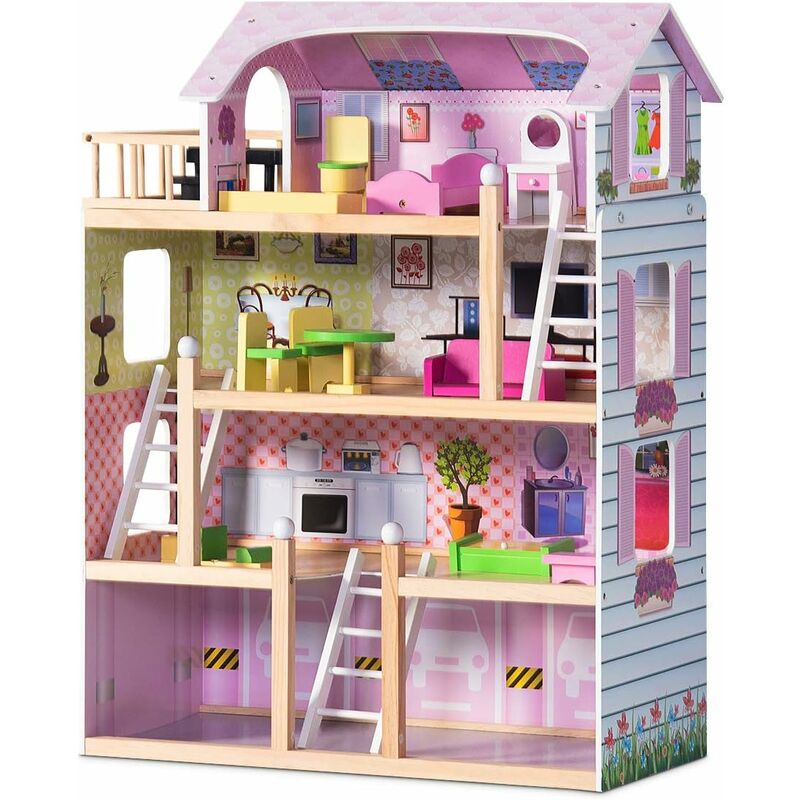 Costway Puppenhaus Holz Puppenstube Puppenvilla Barbiehaus