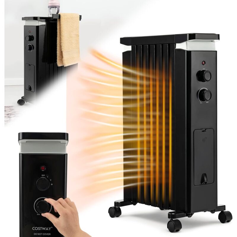 COSTWAY Radiateur Bain d'Huile 1500W, Radiateur Électrique-3 Puissance 5-35°C, 7 Éléments, Fonction d’Humidification, Porte-Serviette Thermostat