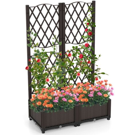 COSTWAY Raised Garden Bed Double Box Planter w/Self-Watering System-Brown