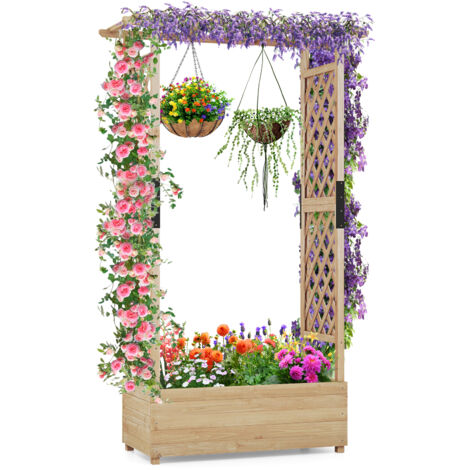 COSTWAY Raised Garden Bed Fir Wood Planter Box with Hanging Roof-Natural