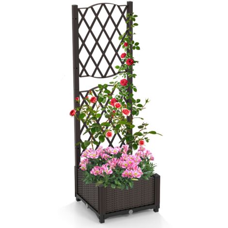 COSTWAY Raised Garden Bed Plastic Outdoor Planter w/Self-Watering System-Coffee