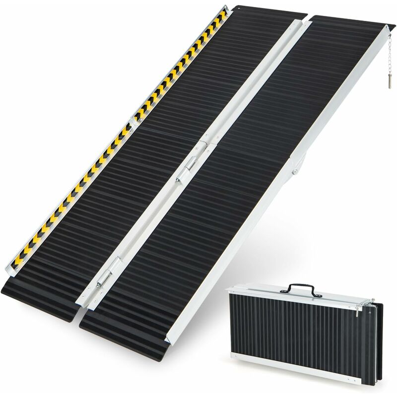 Rampe de Fauteuil Roulant en Aluminium avec Plaque de Transition, Rampe de Chargement avec Surface Antidérapante Autocollants d'Avertissement