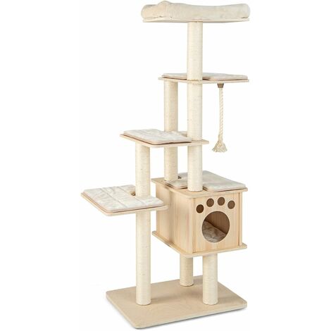 COSTWAY Rascador para Gatos, Árbol para Gatos Altura 170 cm, Condominio de Madera, Postes Rascadores de Sisal, Plataformas de Felpa, Centro de Actividades para Gatos