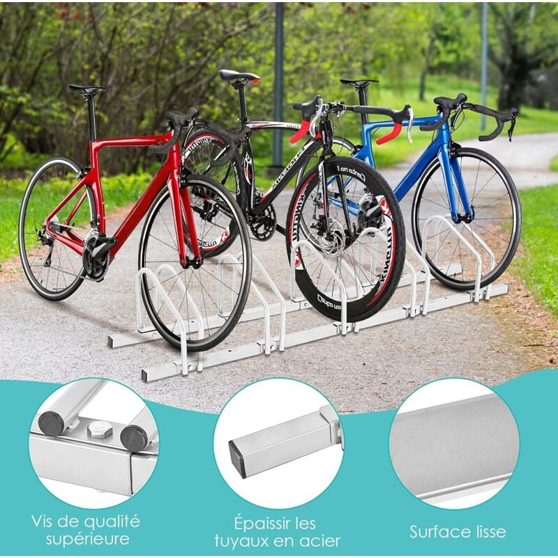 Costway - Râtelier 5 Vélos en Acier Fixation au Sol ou Mur 150x32.5x26CM Résistant aux Intempéries Antirouille Ecole Commerce Argent
