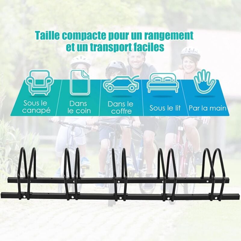 Costway - Râtelier 5 Vélos en Acier Fixation au Sol ou Mur 150x32.5x26CM Résistant aux Intempéries Antirouille Ecole Commerce Noir