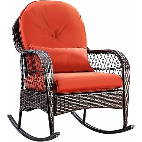 COSTWAY Rattan Armchair Wicker Rocking Sofa Relaxing Lounge Chair Metal Frame with Lumbar Pillow & Cushion