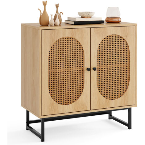 COSTWAY Rattan Buffet Cabinet 2 Doors Sturdy Metal Legs Adjustable Shelf Living Room Natural