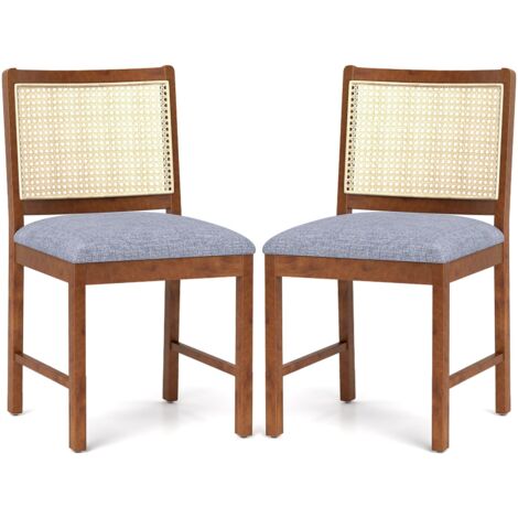 COSTWAY Rattan Dining Chair Set of 2 Wooden Upholstered Kitchen Chairs-Brown