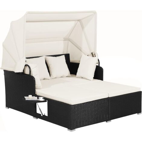 COSTWAY Rattan Loungebett mit einziehbarem Baldachin, klappbaren Tablett & Kissen, 2-Personen Gartenliege