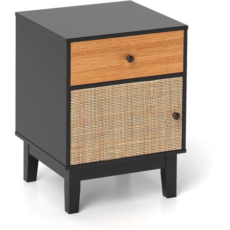 COSTWAY Rattan Nightstand Mid Century Modern Bedside Table w/Drawer-Black