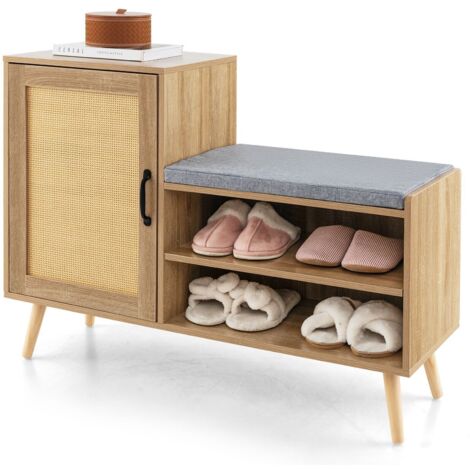 COSTWAY Rattan Shoe Cabinet 2-in-1 Shoe Storage Bench Shoe Rack Cabinet