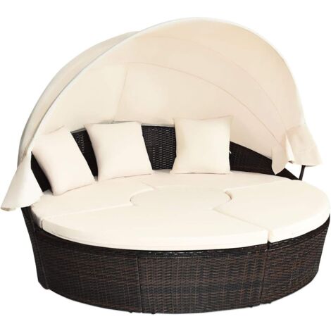 COSTWAY Rattan Sonneninsel mit faltbarem Sonnendach, Polyrattan Lounge Set inkl. Kissens & höhenverstellbarem Couchtisch, Outdoor Sonnenliege Gartenliege, für Garten Terrasse Veranda (Beige)