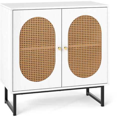 COSTWAY Rattan Storage Cabinet 2 Door Buffet Sideboard w/Adjustable Shelf-White
