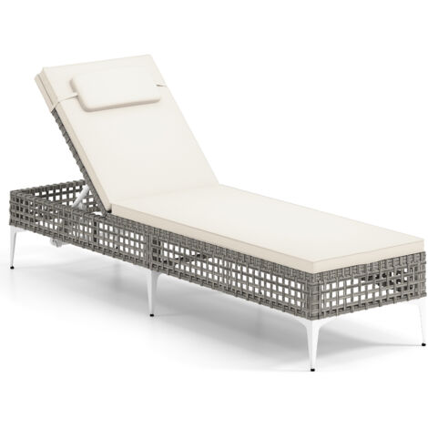 COSTWAY Rattan Sun Lounger 6-Level Adjustable Garden Chaise Lounge Chair-White