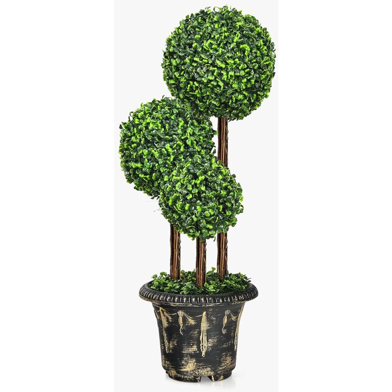 

Árbol Artificial Topiario 90 cm, Planta Verde Falsa de Triple Esfera, Maceta Decorativa, Madera de Ratán - Costway