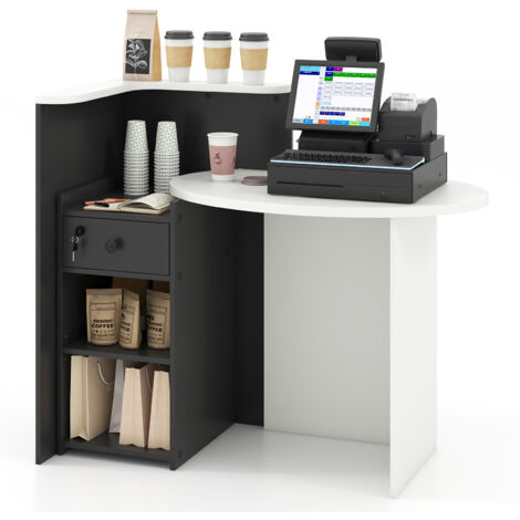 COSTWAY Reception Desk Front Computer Table Corner Writing Desk-White+Black