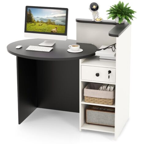 COSTWAY Reception Desk Front Counter Desk w/ Lockable Drawer & Shelf-Black