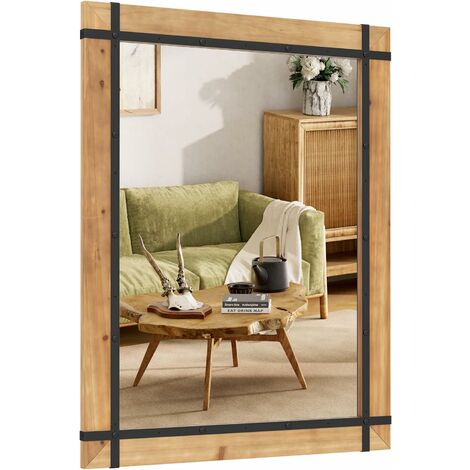 COSTWAY rechteckiger Spiegel mit Holzrahmen, 77 x 100 cm, rustikaler Wandspiegel, unbrechbarer Hängespiegel, dekorativer Holzspiegel mit Haken, für Flur, Wohnzimmer, Schlafzimmer, Braun