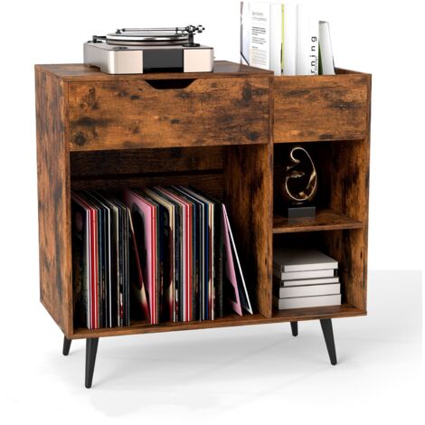 COSTWAY Record Player Stand Wooden Turntable End Table with Built-In Power Strip