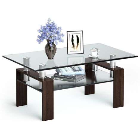 COSTWAY Rectangular Glass Coffee Tea Table Modern Home Office Side Table W/ Open Shelf
