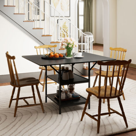 COSTWAY Rectangular Kitchen Dining Table with Storage Shelves 120x100cm Black
