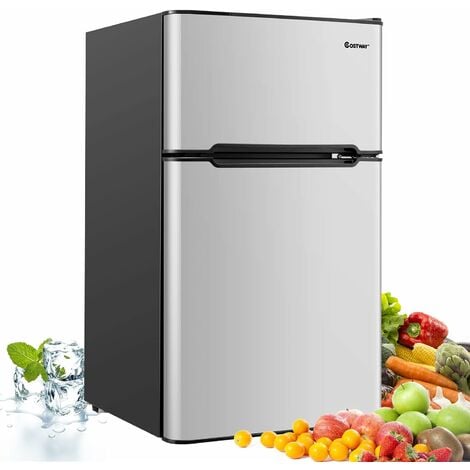 COSTWAY Réfrigérateur Congélateur 90 L(26L+64L) - Température de Refroidissement Réglable 0 à 10 °C et Congélateur de -18°C - Lumière LED- 49,5 x 48,5 x 86 cm, Noir/Gris/Blanc