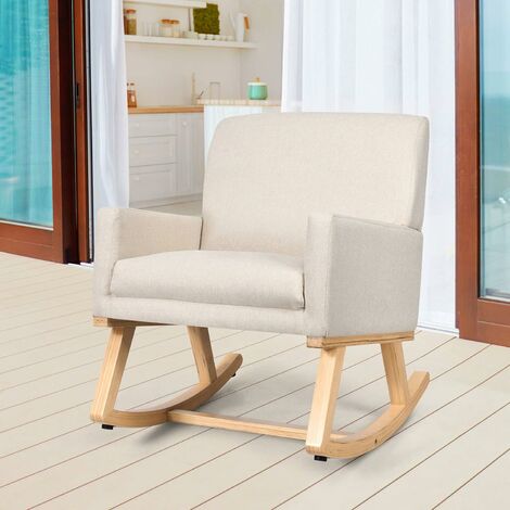 COSTWAY Relax Rocking Chair, Fabric Upholstered Single Sofa Armchair with Solid Wood Legs, Modern Padded Leisure Rocker Chairs for Home Living Room Bedroom