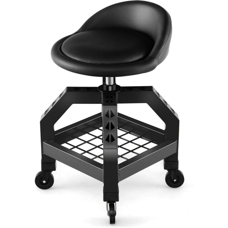 Tabouret d'Atelier Roulant Réglable en Hauteur 66,6-79,5 cm, Siège de Mécanicien avec Plateau à Outils 4 Roues Universelles Charge 150 kg, pour