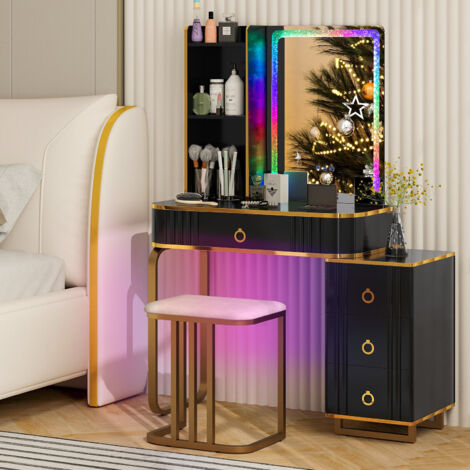 COSTWAY RGB Vanity Table Makeup Wood Stool Set Mirror Dressing Table w/LED Mirror