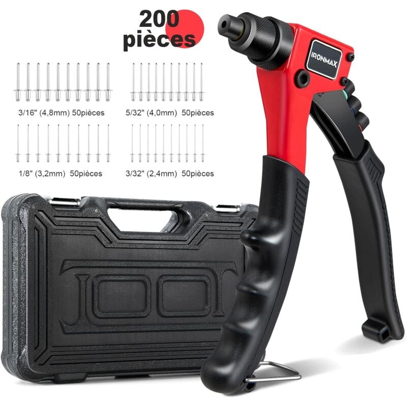 Costway - Riveteuse à Main avec 200 Rivets 4 Embouts de Rivets Interchangeables 2,4 mm, 3,2 mm, 4 mm et 4,8 mm Mallette de Rangement