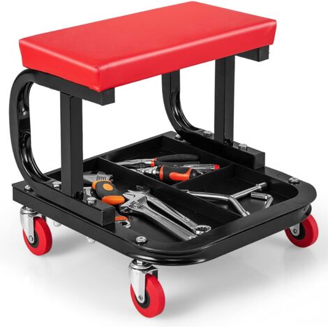 COSTWAY Rollbarer Garagenhocker mit Werkzeugablage, gepolsterter Mechanikersitz mit 4 Universalrollen, Tragkraft 150 kg, Servierwagen 36 x 35 x 35 cm